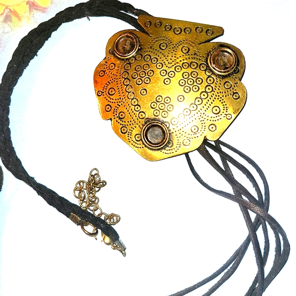 Unusual Brass Pendant On Braided Leather Cord W/Bolo Type Tassels